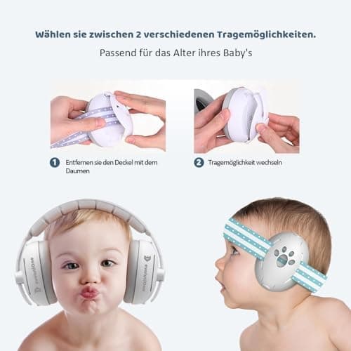 2in1 Baby Gehörschutz Kopfhörer Lärmschutz - Verschraubbare Kopfbande und Bügel für 0-48 Monate - Mit 3 ANTI-RUTSCH Kopf