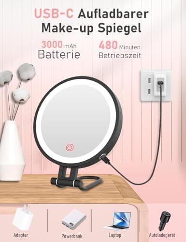 Robofun Kosmetikspiegel mit Beleuchtung Schwarz Metallgehäuse 3000mAh 1X-10X Vergrößerung 3 Farben 20%-100% Helligkeit