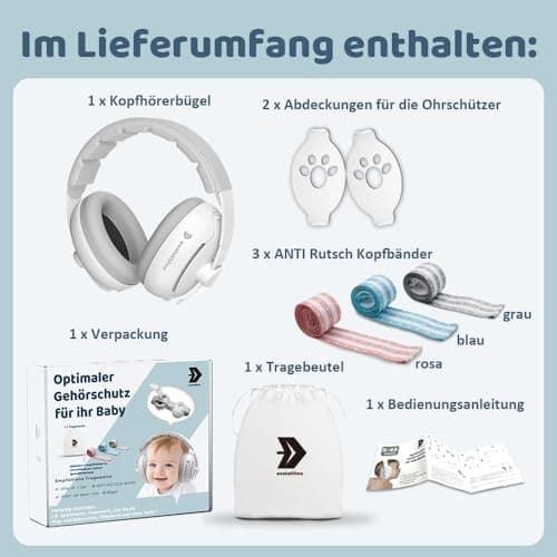 2in1 Baby Gehörschutz Kopfhörer Lärmschutz - Verschraubbare Kopfbande und Bügel für 0-48 Monate - Mit 3 ANTI-RUTSCH Kopf