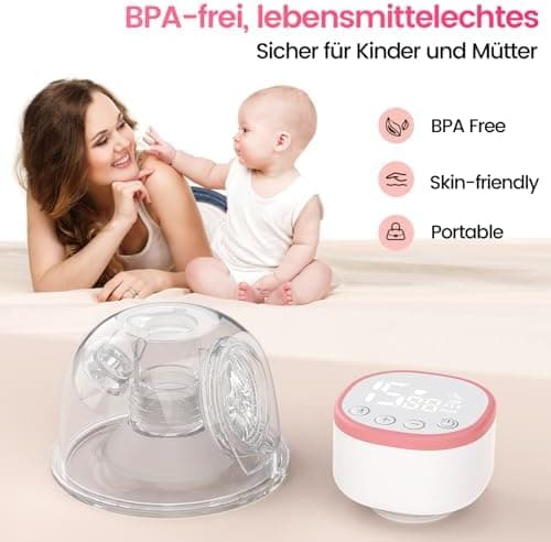 Elektrische Milchpumpe freihändig BPA-frei - Lebensmittelqualitätssilikon, 5 Modi, 15 Stufen, geräuscharm - 1 Stück, Ros