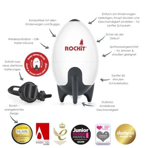 ROCKIT Kinderwagenschaukler SET - Das Original für einschlafnde Bälle - wiederaufladbar via USB, stufenlos einstellbar &