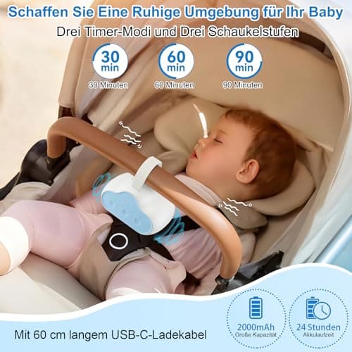 Kinderwagenschaukler Wiederaufladbar Schlafhilfe 3 Einstellungen 30 60 90 Min Timer Universal KompaktIdeal