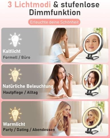 Robofun Kosmetikspiegel mit Beleuchtung Schwarz Metallgehäuse 3000mAh 1X-10X Vergrößerung 3 Farben 20%-100% Helligkeit