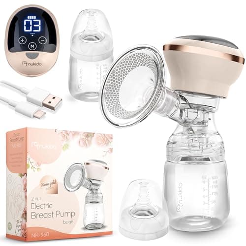 Nukido Milchpumpe Elektrisch - Elektrisch, 3 Modi, tragbar, LED-Anzeige, BPA-Frei, Silikon, Beige, Gold, Futtermilch-Spü