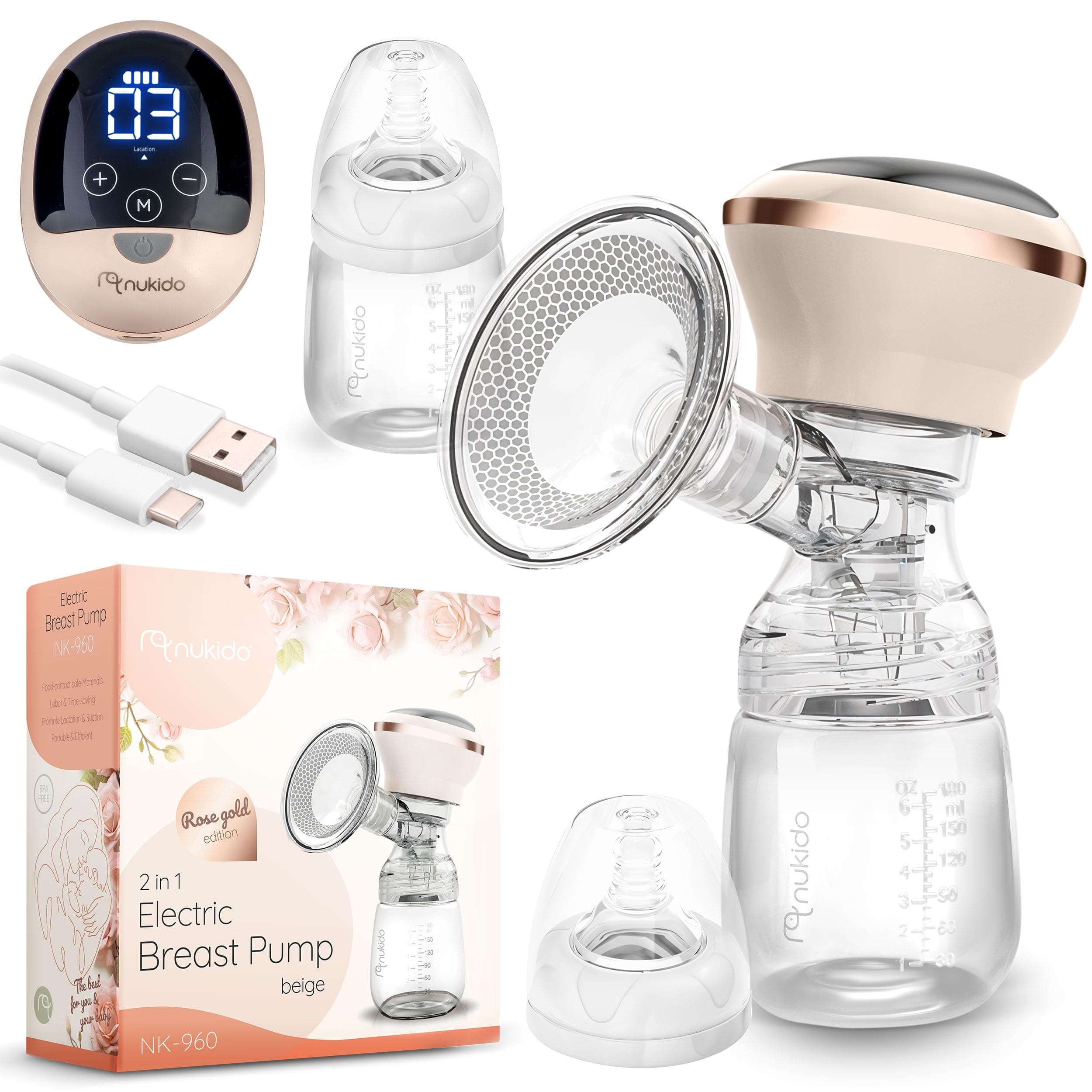 Nukido Milchpumpe Elektrisch - Elektrisch, 3 Modi, tragbar, LED-Anzeige, BPA-Frei, Silikon, Beige, Gold, Futtermilch-Spü
